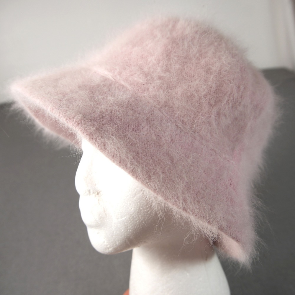 Y2K 100% Angora Fuzzy Cloche Pink Women Bucket Hat 57cm Retro HipHop VTG